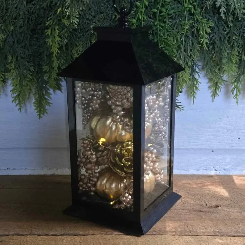Light Up Gold Champagne Pumkin Berry Pinecone Fall Harvest Black Plastic Lantern